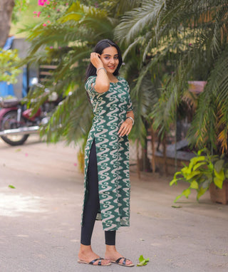 Emerald Green Cotton Kurti with Abstract Print