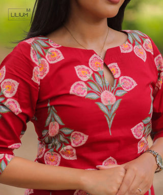 Ruby Blossom Cotton Kurti for Women | 3/4 Sleeve Elegance