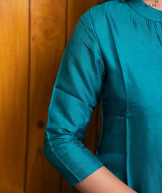 Royal Lagoon Teal Hand Embroidered Muslin Festive Kurti