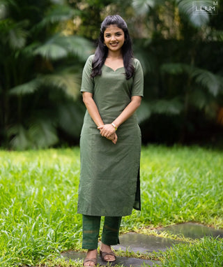 Sage Moss Zari Checked Handloom Cotton Co-Ord Set