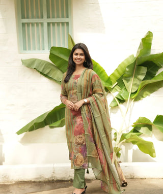 Imperial Olive Muslin 3 Piece Set with Handwork