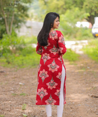 Ruby Blossom Cotton Kurti for Women | 3/4 Sleeve Elegance