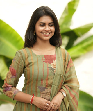 Imperial Olive Muslin 3 Piece Set with Handwork