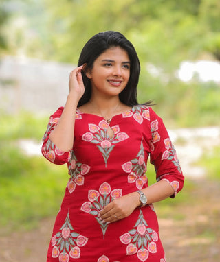Ruby Blossom Cotton Kurti for Women | 3/4 Sleeve Elegance