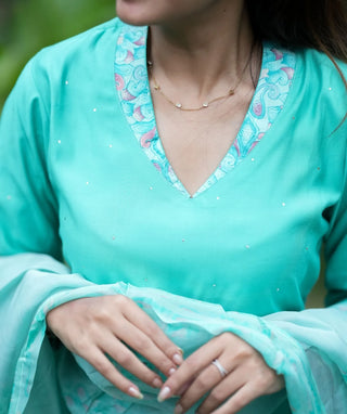 Sea Green 3-Piece Muslin Set with Embroidery