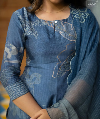Dusty Indigo Muslin Silk 3-Piece Set – Festive Elegance