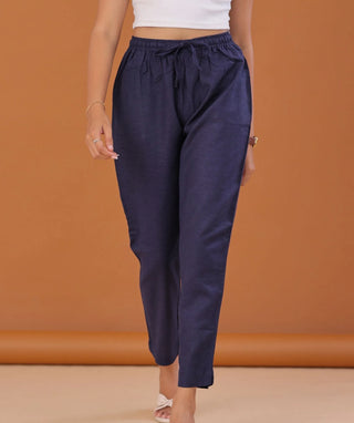 Midnight Blue Linen Cotton Ready-to-Wear Bottom with Pockets
