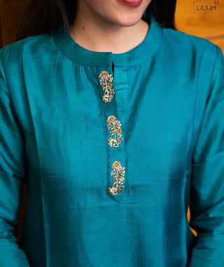Royal Lagoon Teal Hand Embroidered Muslin Festive Kurti