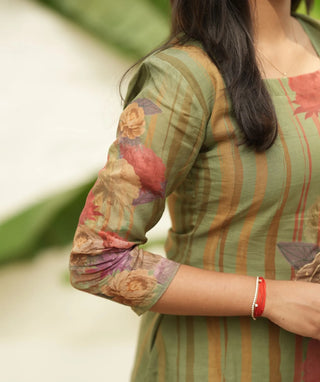 Imperial Olive Muslin 3 Piece Set with Handwork