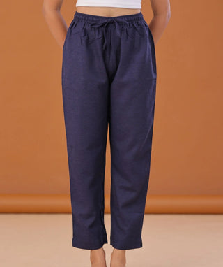 Midnight Blue Linen Cotton Ready-to-Wear Bottom with Pockets