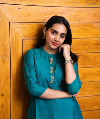 Royal Lagoon Teal Hand Embroidered Muslin Festive Kurti