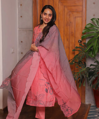 Coral Rose Embroidered Muslin 3 Piece Festive Wear Set