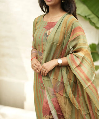 Imperial Olive Muslin 3 Piece Set with Handwork