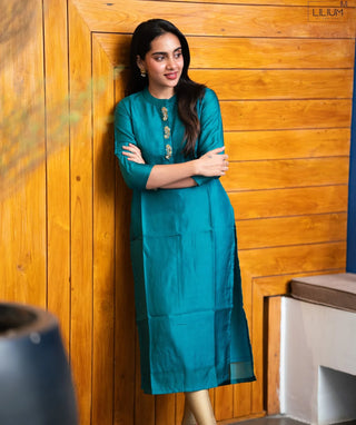 Royal Lagoon Teal Hand Embroidered Muslin Festive Kurti