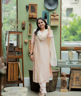 Soft Peachy Pink Muslin 3-Piece Casual Dress Set