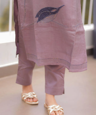 Smoky Mauve Hand Embroidered Slub Muslin 3 Piece Set