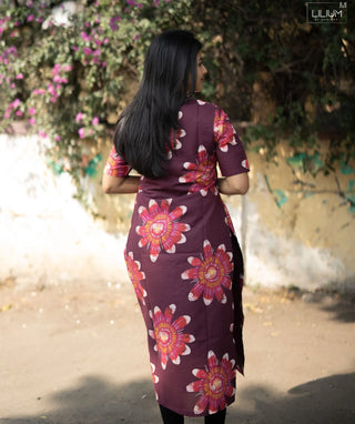 Crimson Dahlia Wine Cotton Kurti with Elbow Sleeves