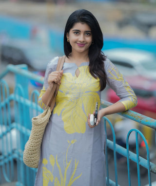 Elegant Grey Kurti with Yellow Floral Design - Pure Muslin