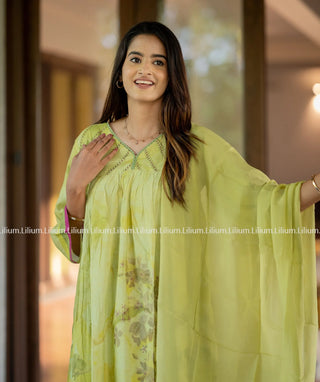 Lime Green Muslin Silk 3-Piece Pakistani Suit