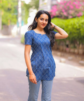 Azure Blue Handblock Cotton Short Top – Casual Wear