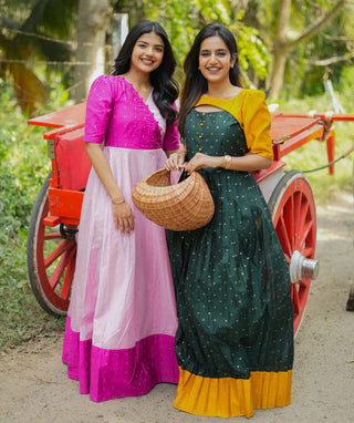 Festive Maxi Dress in Yellow & Emerald Green Chanderi Silk