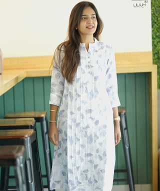 White & Blue Leaf Cotton Kurti – Casual Elegance in Style