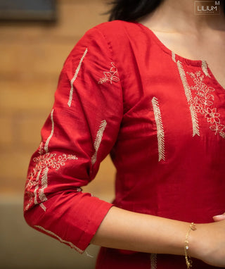 Bold Red Muslin 3 Piece Set with Zari Embroidery