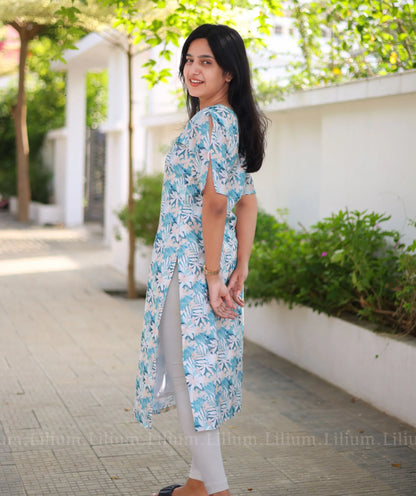 Sky Blue Floral Cotton Kurti - Traditional Elegance