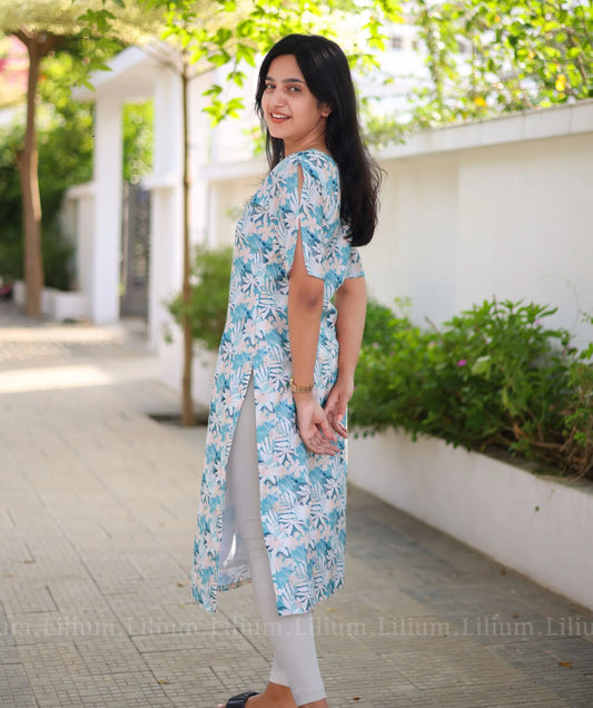 Sky Blue Floral Cotton Kurti - Traditional Elegance