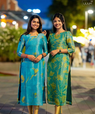 Pine Green Shimmer Tissue Kurti – Elegant Lined Casual Wear