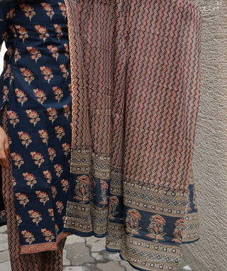 Indigo Noir Blossom Handloom Cotton 3-Piece Set with Pockets