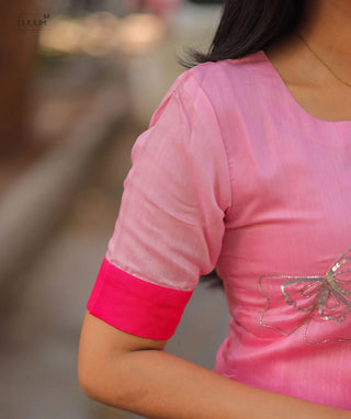 Flamingo Petal Mist Chanderi Kurti with Hand Embroidery