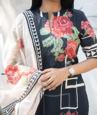Midnight Bloom Cotton Kurti with Shawl & Elbow Sleeves