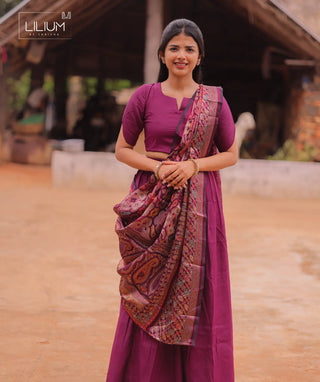 Velour Royale Linen Slub Crop Top Skirt Set with Dupatta