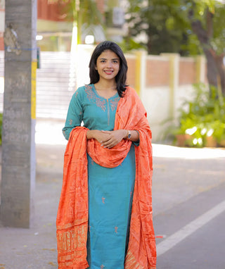 Ocean Coral Blossom Muslin Silk Festive 3 Piece Set