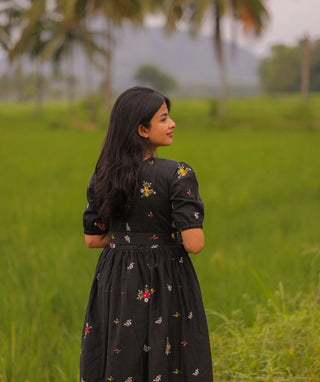 Midnight Black Mul Cotton Maxi with Blossom Embroidery