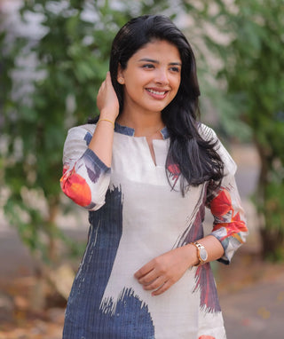 Ivory Coral Indigo Textured Muslin Cotton Kurti