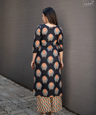 Midnight Terracotta Bloom Cotton Co-ord Set with Flared Bottom