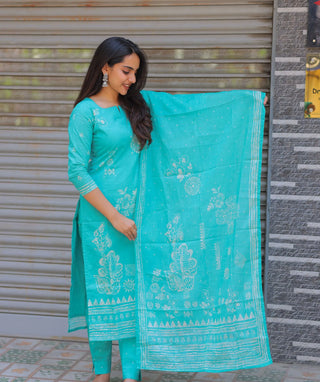 Teal Mist Cotton 3 Piece Kurti Set with Pockets Trend