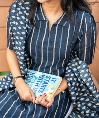 Indigo Blue Striped Kurti with Shawl in Raw Silk Fabric