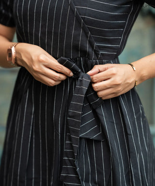 Cotton Maxi Dress in Midnight Lines with Pockets
