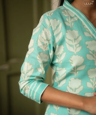 Seafoam Blossom Cotton Co-ord Set with 3/4 Sleeves