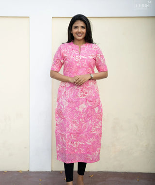 Blush Peony Bloom Cotton Kurti – Elbow Sleeve Style
