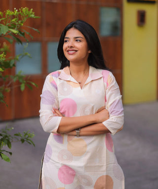 Blush Confetti Cotton Kurti with 3/4 Sleeves for Women