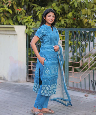 Azure Heritage Cotton 3 Piece Set with Hand Embroidery