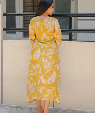 Golden Willow Muslin A-Line Dress with Pockets | 3/4 Sleeve