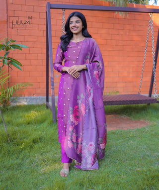 Purple 3-Piece Tissue Silk Festive Set with Embroidery