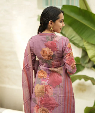 Dusky Rose Royale Muslin 3 Piece Set with Handwork