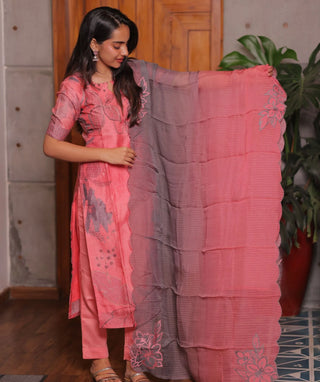 Coral Rose Embroidered Muslin 3 Piece Festive Wear Set