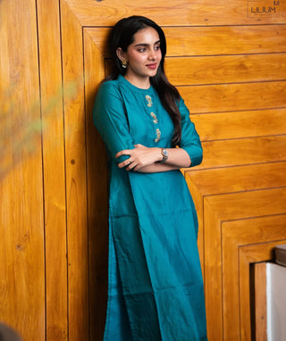 Royal Lagoon Teal Hand Embroidered Muslin Festive Kurti